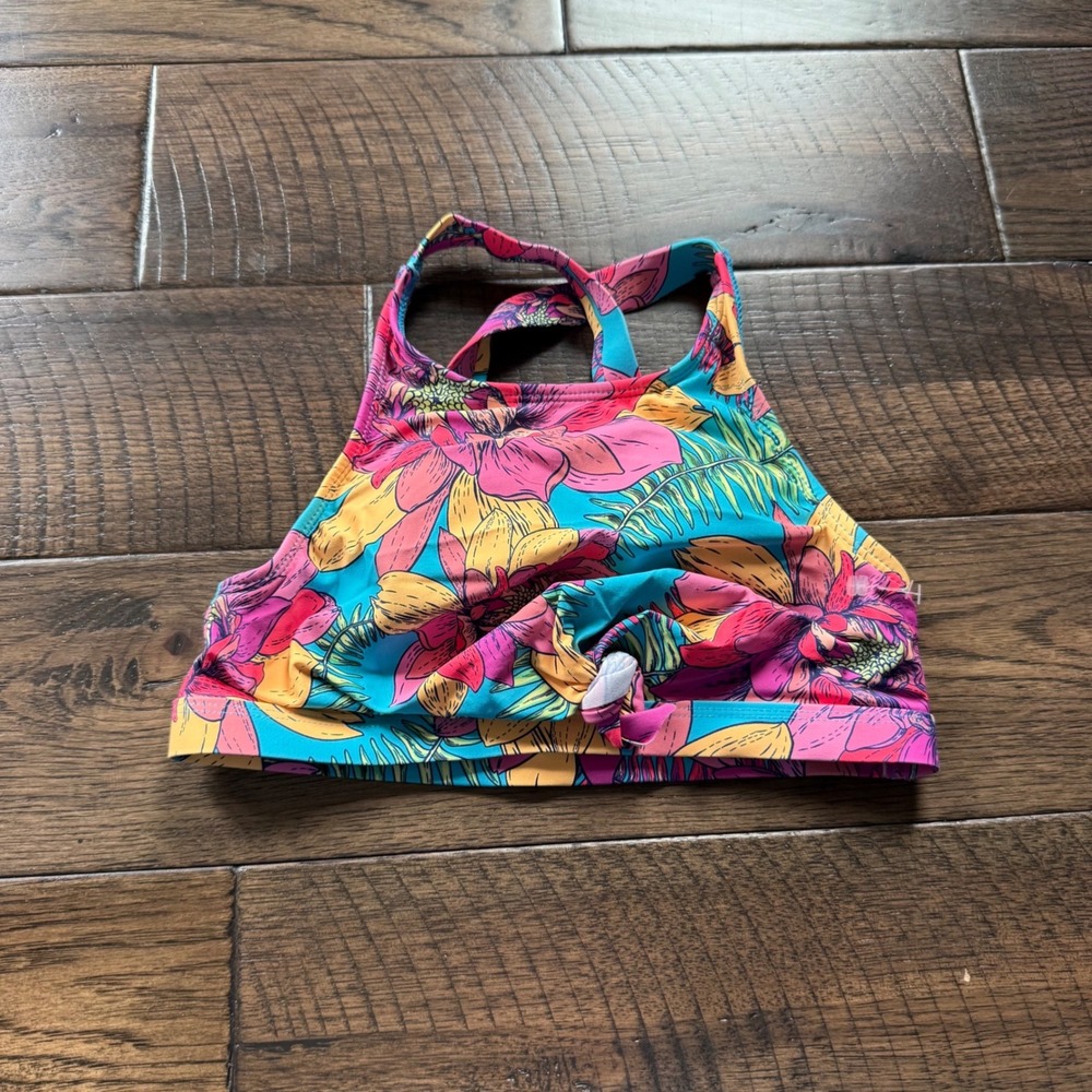 Beach Lingo Girls Tropical Floral High Neck Crossback Bikini Top Teal Pink Sz 12
